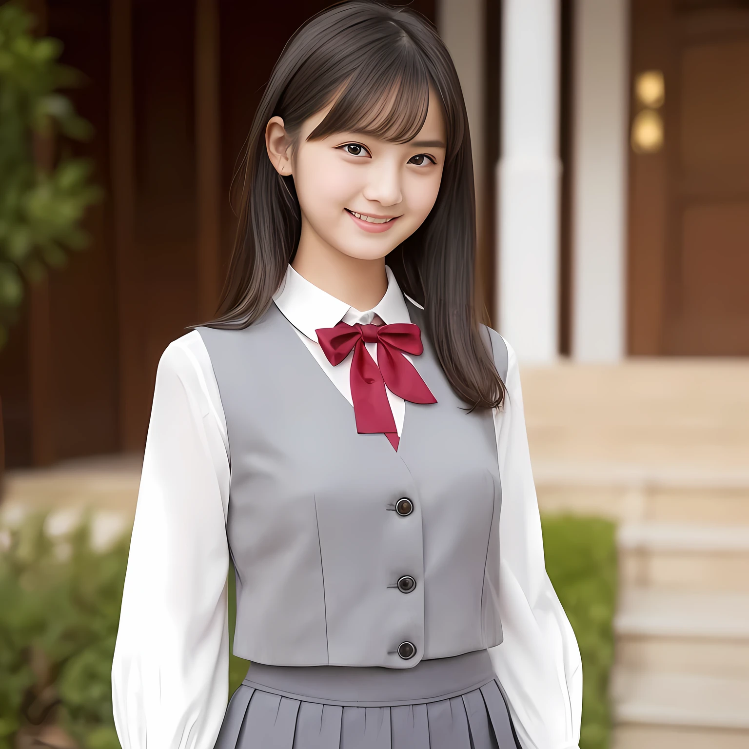 (highest quality, masterpiece:1.2), highest quality, Realistic, photograph, High resolution, 1080p, 8K, Physical Rendering, ((Height: 155cm)), ((((((A 16 year old beautiful Japanese fashion model is looking directly at the viewer)))))), (((big very detailed Japanese beautiful dark brown eyes))), ((((loving and laughing at me!)))), detailed fingers, (((curled blunt bangs))), ((((Very noble and cute eyes, carefully drawn with great attention to detail)))), ((double eyelids)), (((long eyelashes))), ((cute lovely lovely laughing laughing cheeks)), (((Her facial features are very expressive noble smile, very sweet, very intelligent))), ((((deep red ribbon bow tie)))), ((((black very beautiful and very long bobbed hair)))), ((((gray box-pleated school skirt and grey vest)))), box-pleated skirt, ((((A ivory blouse with puffed sleeves)))), ((Classical orchestra concert hall)), ((complexion lightening)), ((Full body shot)), ((chorus singer)), white socks, ((feminine loafers))