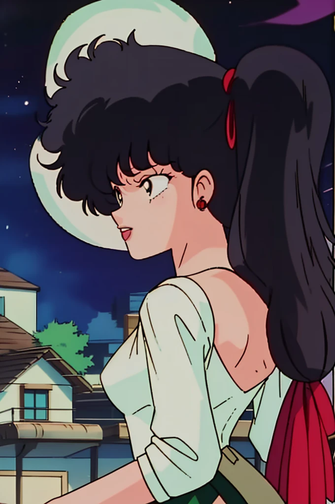 highest quality, Super detailed, High resolution, 4K,(1990s \(style\),retro artstyle,1990s anime cels style, Anime screenshots,Vibrant colors), night, kodachi kuno, , From behind, teeth, leotard, green, , Red ribbon, Side Tail, Medium chest, (Dressed:1.3), jewelry, Earrings, (Vulgarity:1.4), (Red nose:1.2),