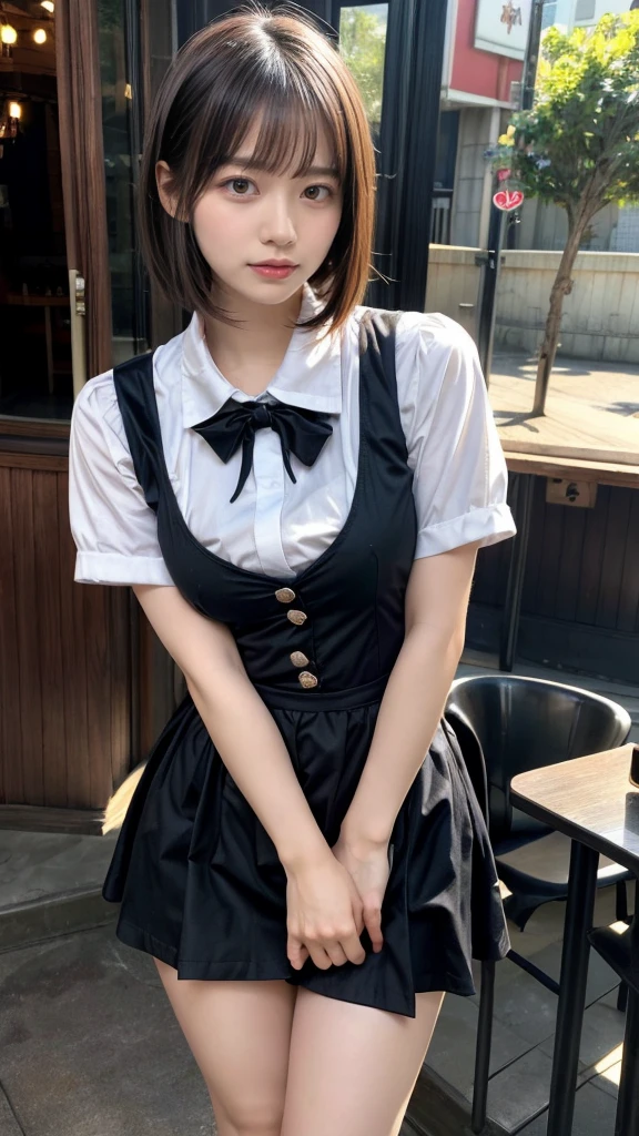 masterpiece, best quality, illustration, Super detailed, fine details, High resolution, 8K,wall paper, perfect dynamic composition,(Details High quality, realistic depiction of eyes:1.3), waitress uniform, restaurant, huge breasts, short bob hair、black hair color, Big Natural Color Lip, (perfect body shape), crying a little、cold gaze, Harajuku style、20 year old girl、cute type、ta、beautiful legs, focus on crotch, full body photo, gravure idol