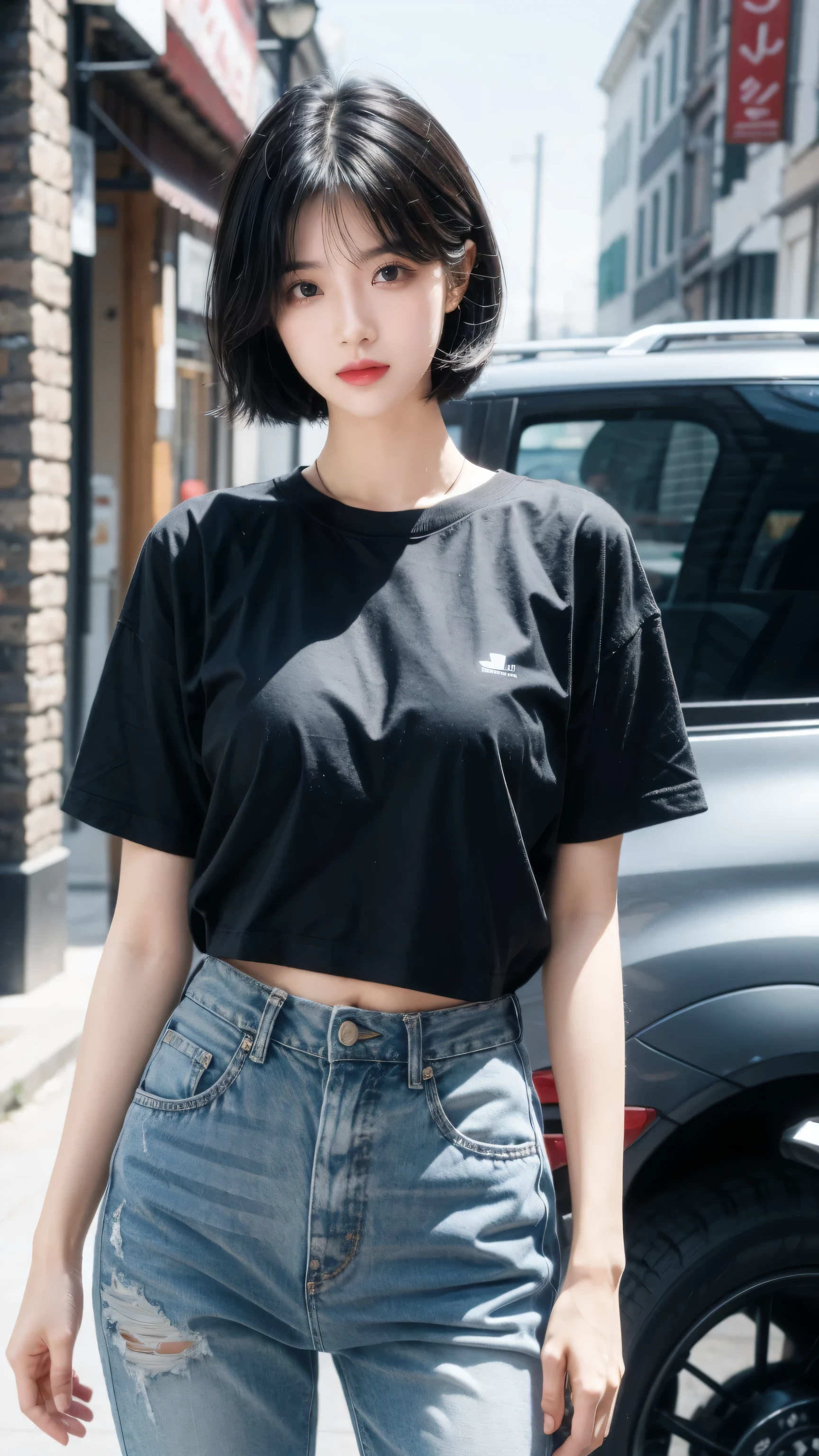 best quality, 1 Girl, dark blue hair, black eyes, Very short hair, Spiky hair, blueoversize t-shirt, High waist short jeans, 171 cm, Messy hair, Hair between the eyes, Medium breasts, full, Tomboy, aldult, 20 years old, 1 Girl near blue motorcycle