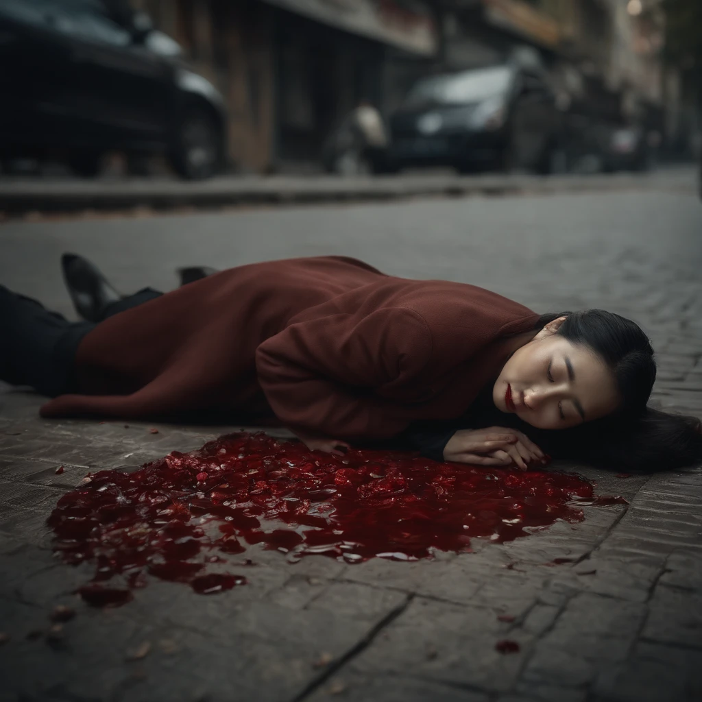 a beautiful dead chinese woman's corpse lying on the ground, detailed blood-soaked body, woman's dead body on the street, gruesome murder victim, Nanjing massacre 1937, 4k, 8k, (best quality, 4k, 8k, highres, masterpiece:1.2), ultra-detailed, (realistic, photorealistic, photo-realistic:1.37), HDR, UHD, studio lighting, ultra-fine painting, sharp focus, physically-based rendering, extreme detail description, professional, vivid colors, bokeh, photography, horror, dark, muted colors, dramatic lighting