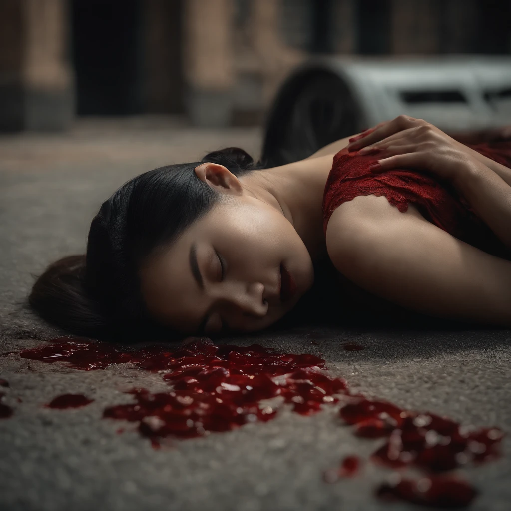 a beautiful dead chinese woman's corpse lying on the ground, detailed blood-soaked body, woman's dead body on the street, gruesome murder victim, Nanjing massacre 1937, 4k, 8k, (best quality, 4k, 8k, highres, masterpiece:1.2), ultra-detailed, (realistic, photorealistic, photo-realistic:1.37), HDR, UHD, studio lighting, ultra-fine painting, sharp focus, physically-based rendering, extreme detail description, professional, vivid colors, bokeh, photography, horror, dark, muted colors, dramatic lighting