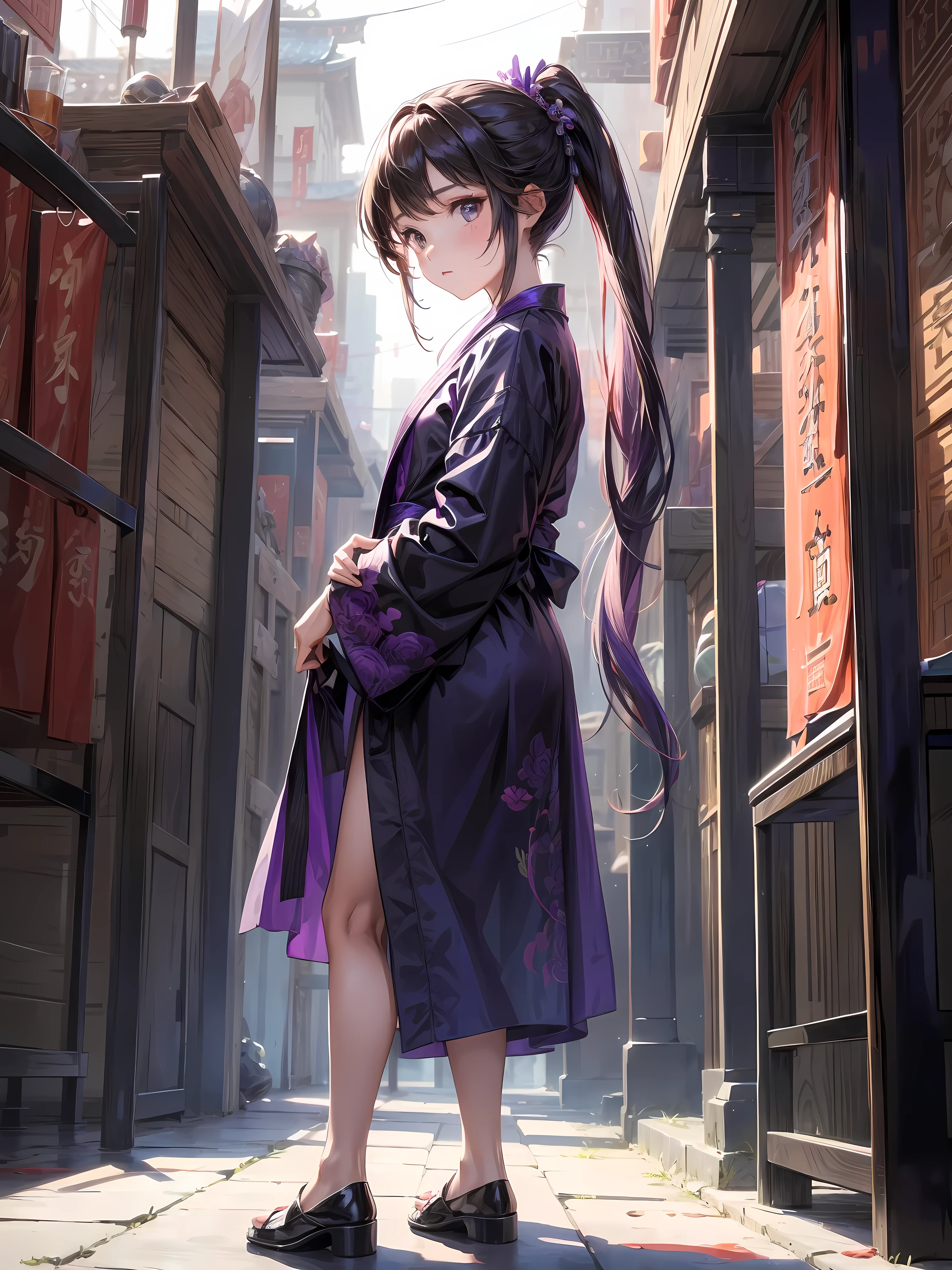 A girl, Wearing a purple and black robe, Standing in a Chinese-style building