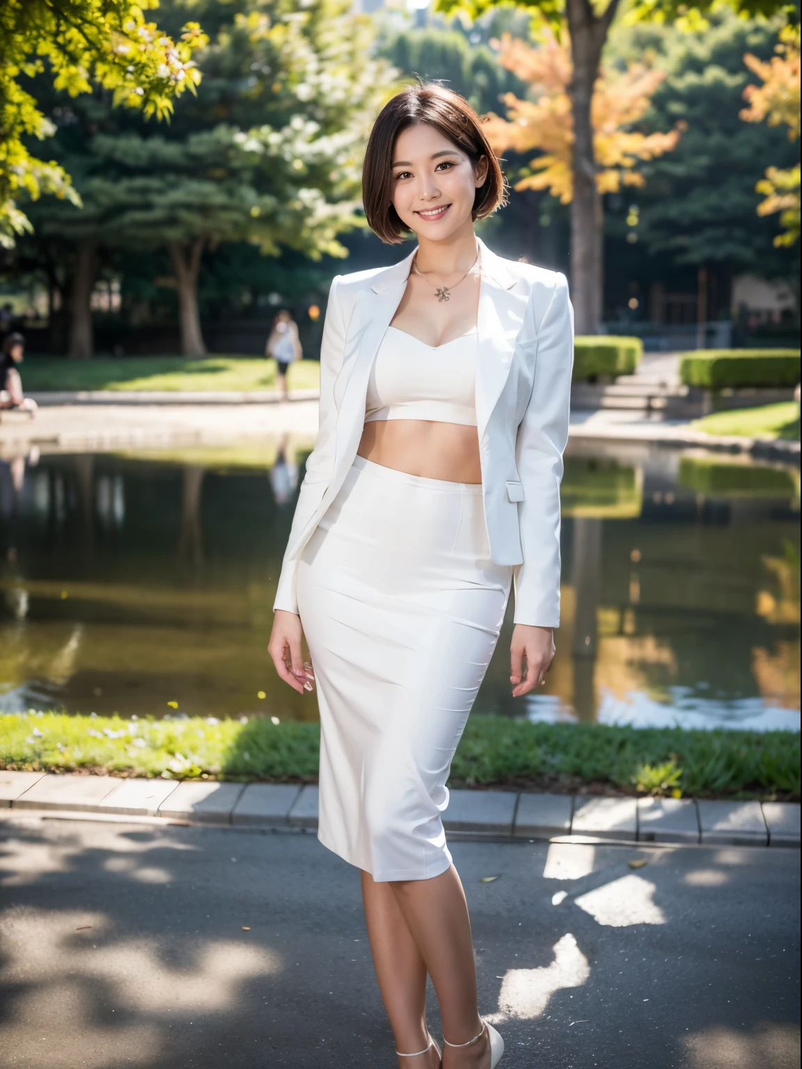 (RAW Photos:1.2), (Realistic:1.4),Beautiful detailed woman,非常にFine Eyesと顔, Fine Eyes, Very detailed,High resolution, Very detailed,highest quality,Awareness-raising,Unified,8k wallpaper,masterpiece,highest quality,1 female,alone,rich,Esbian all over,(A little chubby:0.85),Thick legs,alone,(White suit,Pencil Skirt,High heels),jewelry, necklace ,short hair,A kind smile,A dignified atmosphere,black eye,Realistic,Hibiya Park , (Morning Park:1.1),(Stand upright:1.4)