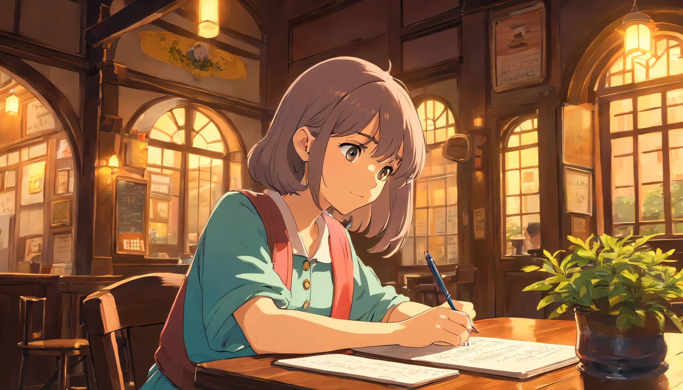 Girl studying with pen in hand in an old cafe