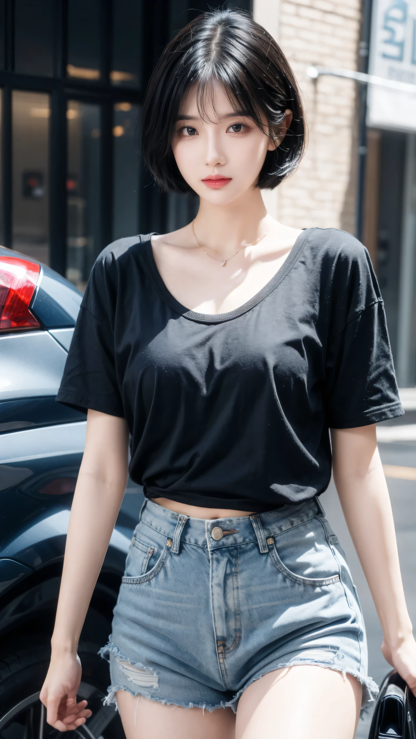 best quality, 1 Girl, dark blue hair, black eyes, Very short hair, Spiky hair, blueoversize t-shirt, High waist short jeans, 171 cm, Messy hair, Hair between the eyes, Medium breasts, full, Tomboy, aldult, 20 years old, 1 Girl near blue motorcycle