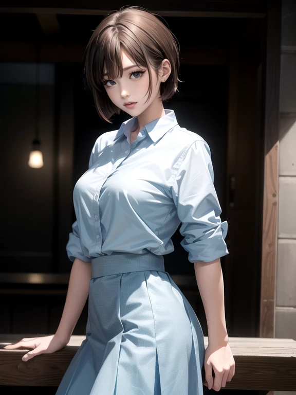 15 year old Japanese girl,(非常にdetailedな肌)(Beautiful female body)(美しいBig Breasts)(Big Breasts)(Pale skin)(Pointed Chest),(Erect nipples)(Best image quality)(Hyperrealist portrait),(8k),(Ultra-realistic,最high quality, high quality, High resolution)(high quality texture)(Attention to detail)(Beautiful details)(detailed,Extremely detailed CG,detailed Texture)(Realistic facial expressions,masterpiece,in front,dynamic,bold),(((short pixie cut))),(Very thin hair)(Super Straight Hair:1.5)( sleek bangs,Very light coppery amber hair,Hair in one eye)　(((Light blue cutter shirt)))　(((The shirt is about to rip)))(((flare skirt)))(((she&#39;not wearing panties under the skirt)))　(((Lean forward and stick your butt out)))　(((Rear View)))　(((Photo from behind)))　(((sheはAccentuate your butt為に腰を反らせている)))　(((The lines of the body are clearly visible)))、(((Depiction of beautiful fingers)))　(((Beautiful body depiction)))　(((Sit with your legs apart)))、(((Accentuate your thighs)))(((I can see your thighs)))(((Accentuate your butt)))、(((Full body photo)))、(((Low angle photo)))、(((Correct ankle orientation)))(((Correct number of legs)))　(((Accurate Body Composition)))　(((正確な後ろからのFull body photo)))