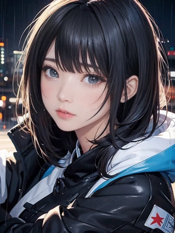 Close up portrait of a person with black jacket and blue sky, cry, beautiful crying! android woman, guweiz, Anime visuals of cute girls, anime moe art style, tears in the rain, (Anime Girl), artwork in the style of guweiz, crying and reaching with her arm, clean detailed anime art, by Yang J