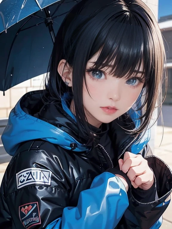 Close up portrait of a person with black jacket and blue sky, cry, beautiful crying! android woman, guweiz, Anime visuals of cute girls, anime moe art style, tears in the rain, (Anime Girl), artwork in the style of guweiz, crying and reaching with her arm, clean detailed anime art, by Yang J