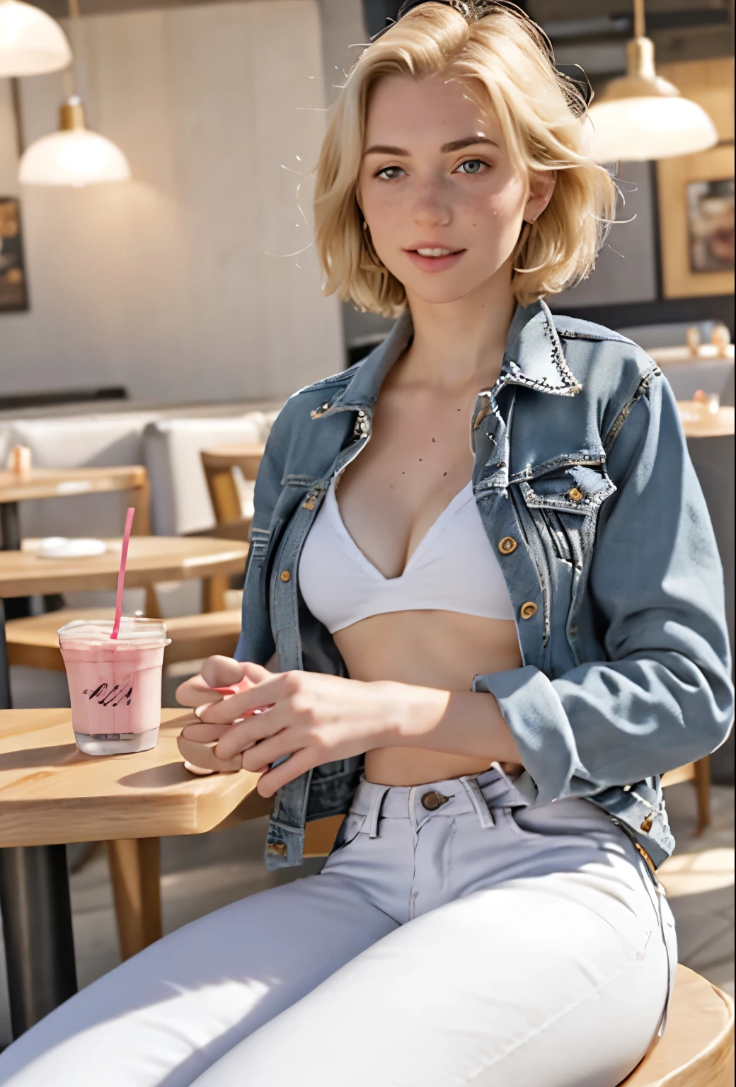 A 21-year-old girl named Kate with short blonde hair, very nice medium breasts, her height is 1.60, white British style, kate is beautiful, angelic face, has slight freckles in the nose area, Kate is wearing light jeans with a denim jacket also light colored, Kate wears an All Star sneaker. Kate is in a very beautiful and well-lit restaurant, on the table a strawberry milkshake