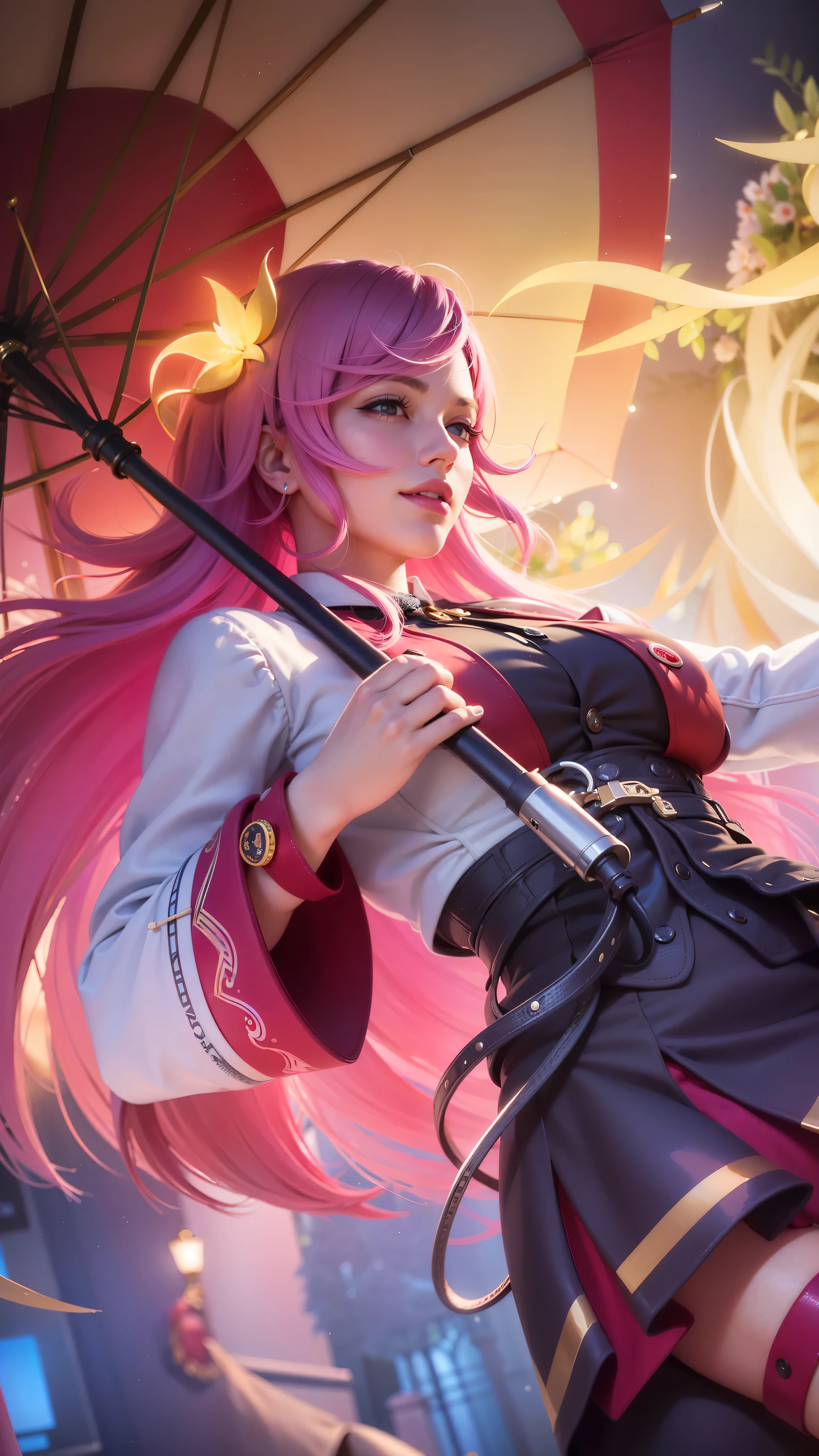 girl with pink hair holding a umbrella, red lips glossy, 8k, ultra hd, ultra detailed texture, hyper realistic, masterpiece, detailed texture, detailed face, detailed skin, detailed lighting, (photorealistic:1.5), best quality, beautiful lighting, cinematic lighting, professional lighting, ultra highres, realistic, detailed hair, real hair, high quality, (realskin:1.5), extremely detailed, finely detail, ultra-detailed, smile