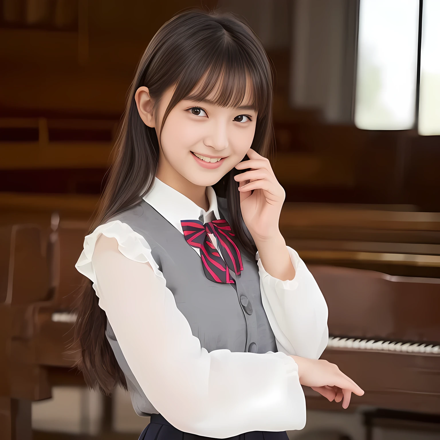 (highest quality, masterpiece:1.2), highest quality, Realistic, photograph, High resolution, 1080p, 8K, Physical Rendering, ((Height: 160cm)), ((((((A 18 year old beautiful Japanese fashion model is looking directly at the viewer)))))), (((big very detailed Japanese beautiful dark brown eyes))), ((((loving and laughing at me!)))), detailed fingers, (((curled blunt bangs))), ((((Very noble and cute eyes, carefully drawn with great attention to detail)))), ((double eyelids)), (((long eyelashes))), ((cute lovely lovely laughing laughing cheeks)), (((Her facial features are very expressive noble smile, very sweet, very intelligent))), ((((deep red ribbon bow tie)))), ((((black very beautiful and very long bobbed hair)))), ((((gray box-pleated school skirt and grey vest)))), box-pleated skirt, ((((A ivory blouse with puffed sleeves)))), ((Classical orchestra concert hall)), ((complexion lightening)), ((Full body shot)), ((chorus singer)), white socks, ((feminine loafers))
