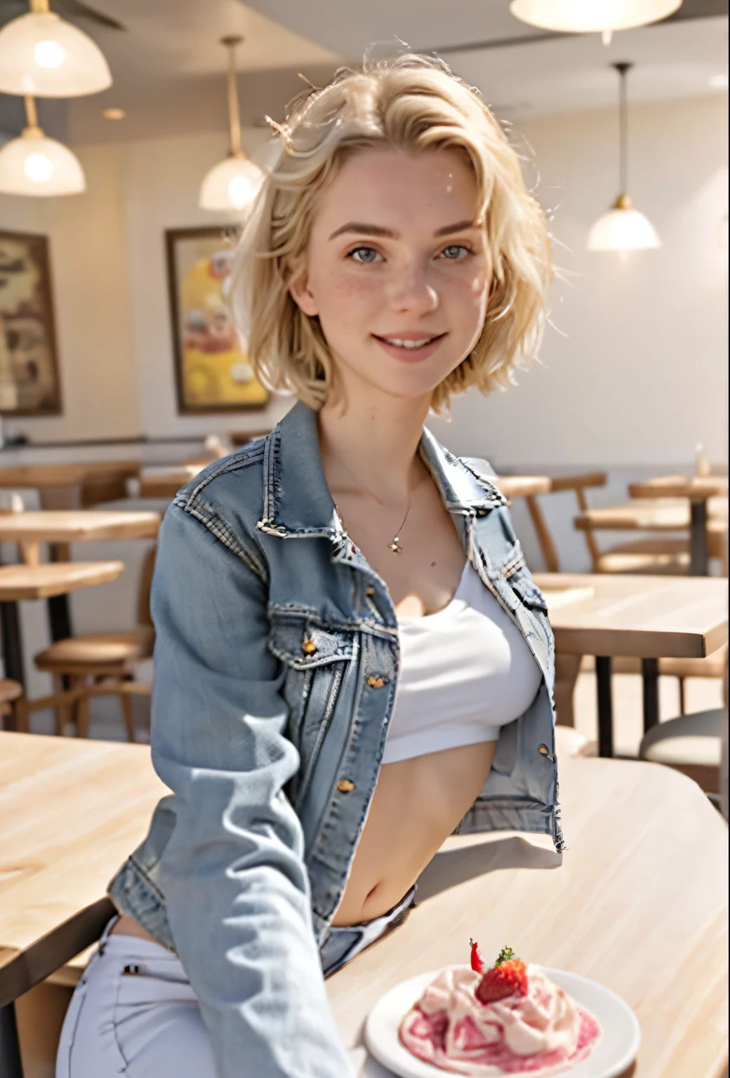 A 21-year-old girl named Kate with short blonde hair, very nice medium breasts, her height is 1.60, white British style, kate is beautiful, angelic face, has slight freckles in the nose area, Kate is wearing light jeans with a denim jacket also light colored, Kate wears an All Star sneaker. Kate is in a very beautiful and well-lit restaurant, on the table a strawberry milkshake, kate is happy to be at her favorite restaurant