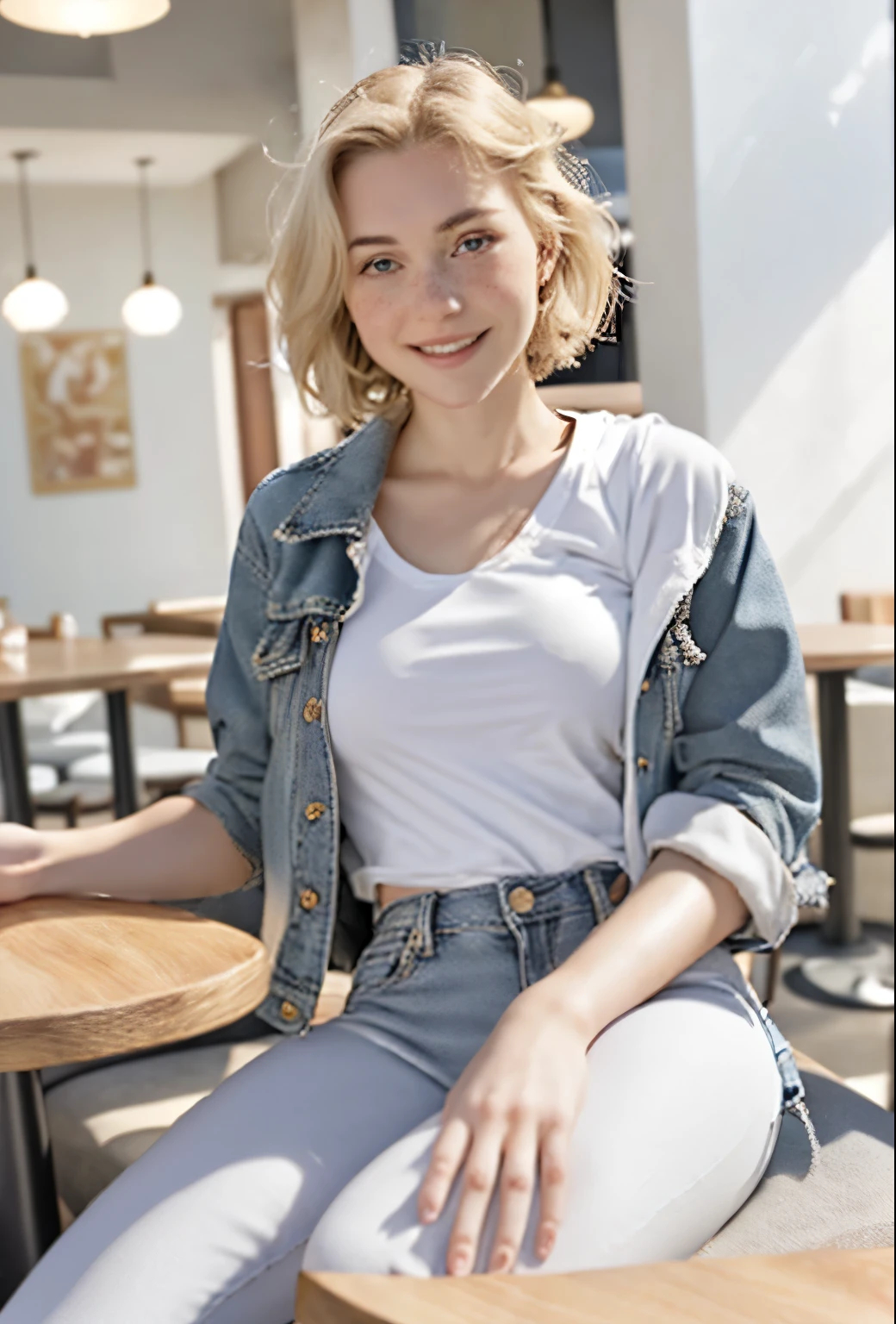 A 21-year-old girl named Kate with short blonde hair, very nice medium breasts, her height is 1.60, white British style, kate is beautiful, angelic face, has slight freckles in the nose area, Kate is wearing a light pair of jeans with a denim jacket and a white t-shirt also light in color, Kate wears an All Star sneaker. Kate is in a very beautiful and well-lit restaurant, on the table a strawberry milkshake, kate is happy to be at her favorite restaurant