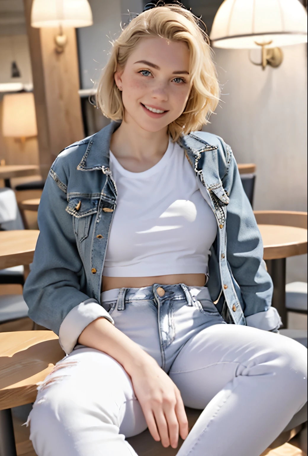 A 21-year-old girl named Kate with short blonde hair, very nice medium breasts, her height is 1.60, white British style, kate is beautiful, angelic face, has slight freckles in the nose area, Kate is wearing a light pair of jeans with a denim jacket and a white t-shirt also light in color, Kate wears an All Star sneaker. Kate is in a very beautiful and well-lit restaurant, on the table a strawberry milkshake, kate is happy to be at her favorite restaurant