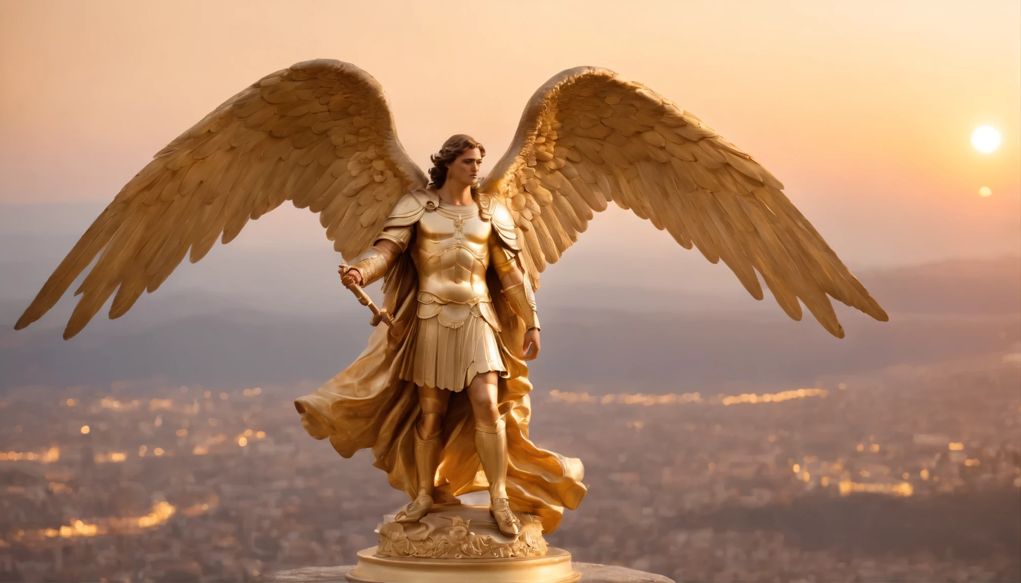 In this captivating cinematic scene, St. Michael the Archangel, the powerful and majestic archangel, stands tall and imposing on a cloud-filled sky. Clad in resplendent regal armor, he boasts a golden halo and radiant wings that contrast against the darkening sky. As he gazes intently towards the city below, a sense of divine authority emanates from him. The sun, now setting, casts a warm, golden light that accentuates his awe-inspiring presence and the intricate details of his appearance. The cityscape below appears to be in awe of his majestic presence, as the scene unfolds like a grand, celestial spectacle., cinematic