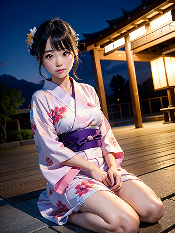 High resolution, highest quality,Hakata yukata、Yukata taken half、Lying Girl、Embarrassing、Deserted park at night、