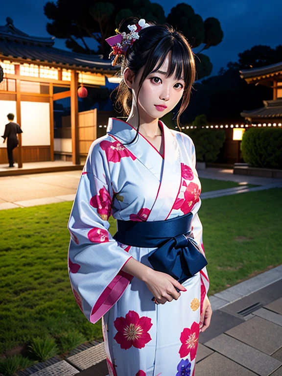 High resolution, highest quality,Hakata yukata、Yukata taken half、Lying Girl、Embarrassing、Deserted park at night、