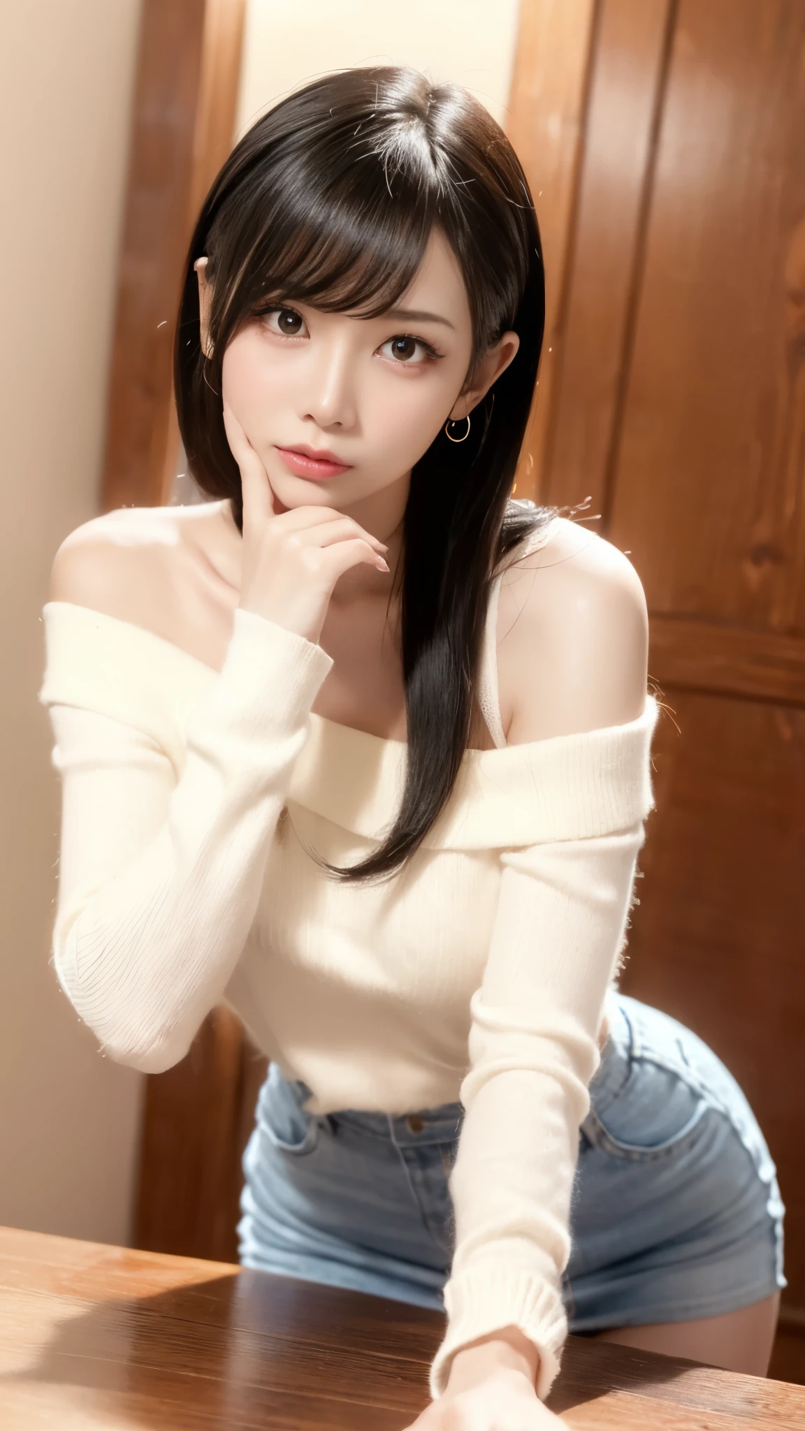 (masterpiece:1.3), High resolution, Super detailed, Highly detailed CG Unity 8k wallpaper, Realistic, Photorealistic, RAW Photos, Beautifully detailed face, Pale skin, Realistic glowing skin, Detailed cloth texture, Detailed hair texture, Perfect body, Beautiful Face, Accurate, Anatomically correct, Highly detailed face and skin texture, Natural neck length, (Beautiful Hands), (Fair skin:1.2), Thin legs, Thin legs, Lighting that matches the atmosphere of the space、
break,
Fine grain, Strong double eyelids, Long and thick eyelashes、Thin eyebrows, (Glossy lips:1.4), ((Wait for a kiss:1.2)), (blush:1.1),
break,
(Cute Japanese Girls:1.3), (Wear an off-the-shoulder white shirt), (flare skirt:1.2),
Big Breasts, (Slim figure:1.1), Perfect figure, Toned Abs, Beautiful clavicle,
(Straight long hair:Black 1.3), ((jirai girl:1.2)), (Upper Body Shot:1.2), Displaying the viewer, (From the side From the side:0.65),
break,
(Sit leaning against the table), ((Place your elbows on the table,Lift your chin slightly:1.3)), (night:1.5)