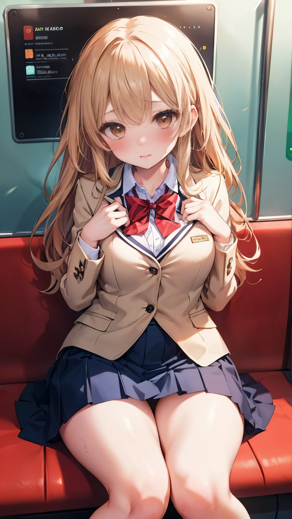NSFW,4K,Gal:1.3,Anatomically correct,school uniform:1.3,A pure and innocent girl, Very cute face, Like an idol, (masterpiece:1.2), (high quality), panties, loose socks, Hip, Blue Skirt, alone, Blazer Type, loose socks, Lifting clothes, Brown eyes, pure gaze, mini skirt, Lift yourself up, Check skirt, blush,((Mid-chest)), (Sweating profusely), Long Hair, physical education, Beautiful legs, ((in the train))