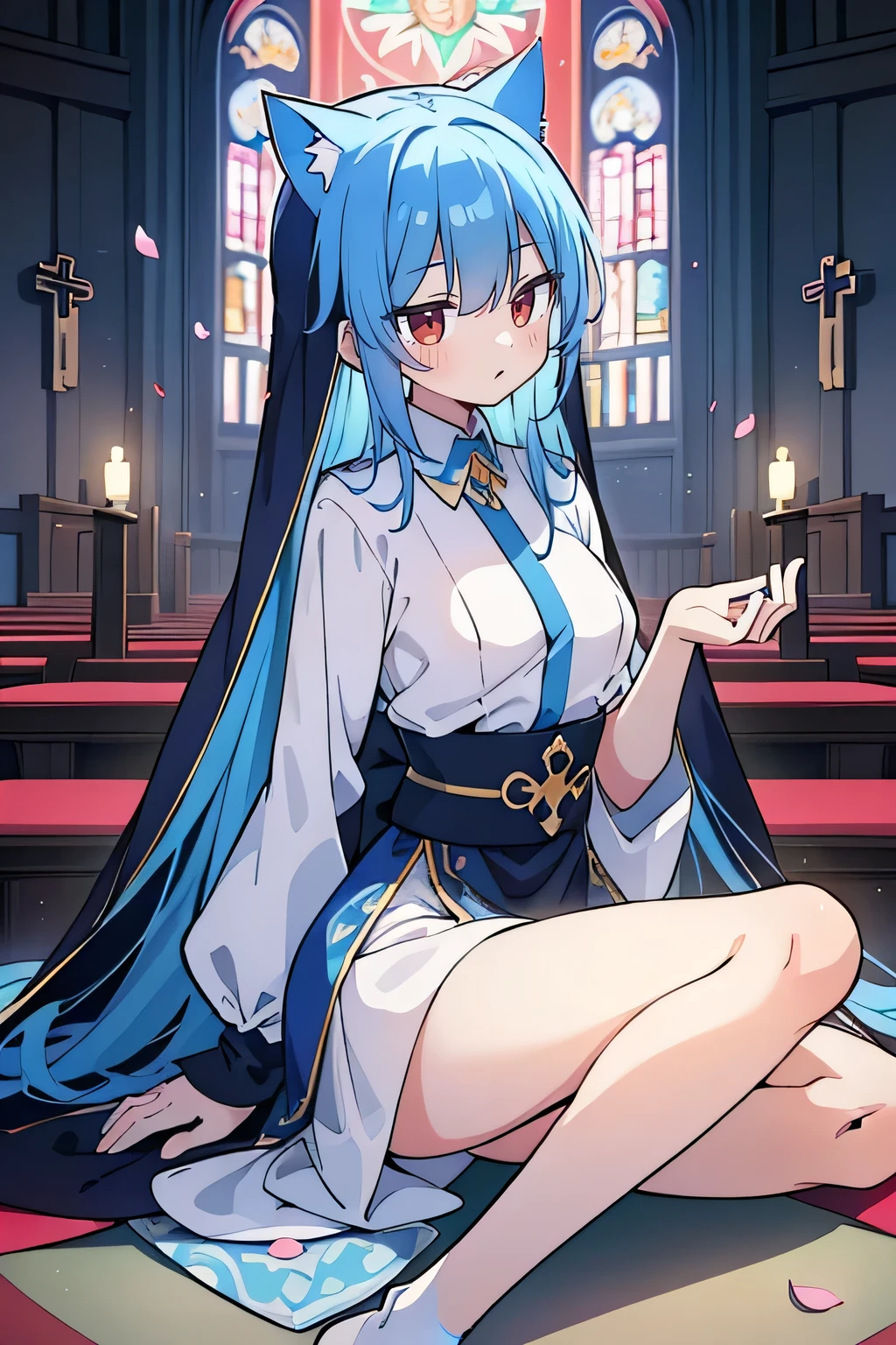 (masterpiece:1.2),Extremely detailed,Practical,expressive eyes,Fair skin,Perfect face shaping,1 Girl,
Japanese cartoons,Gorgeous blue hair, the long flowing blue hair,Floating clothes,Cat ears,Petals fall,beautiful lola,Young Angel,
Place your hands on your waist,sit elegantly on the ground,Cross your legs,Gentle and peaceful background,church,Nun's Clothes,back view,lie on the water.