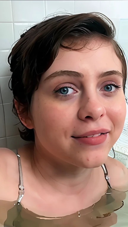 ((s0ph)), 2 people in an empty bathtub, bathtub without water, chico y chica, Sophia Lillis desnuda de rodillas,cuerpo entero, vista de lado, sonrisa, autofoto, submerged in the bathtub, mojada, gotas de agua recorriendo la cara,pelo corto, pelo mojado, pecas ,pecho pecoso,pecho diminuto,tetas pecosas ,costillas visibles,delgada, flaca, vagina peluda , un hombre feo desnudo mojado