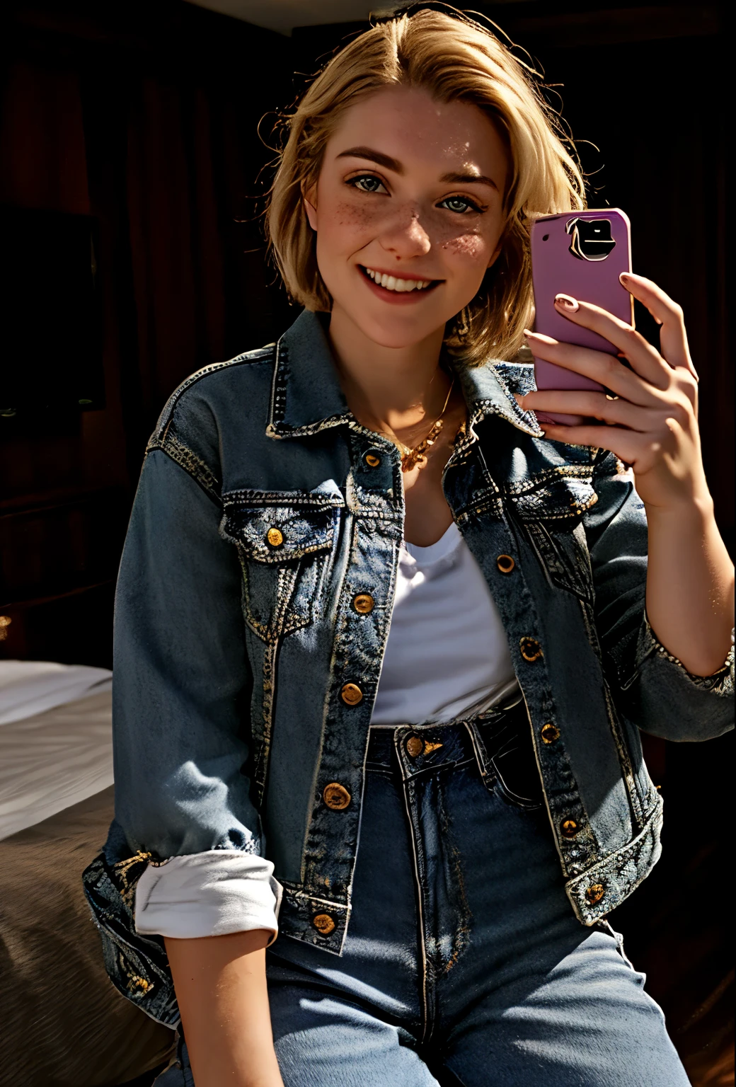A 21-year-old girl named Kate with short blonde hair, very nice medium breasts, her height is 1.60, white British style, kate is beautiful, angelic face, has light freckles in the nose area, Kate is wearing light jeans with a denim jacket and a white t-shirt also light colored, Kate wears an All Star sneaker. Kate is in a hotel room where she arrived from a trip with her bags, Kate takes a selfie with her cell phone and is very happy to enjoy her vacation