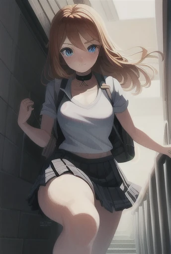 beautiful, (masterpiece), (best quality), perfect eyes, perfect face, perfect lighting, Character: Marin Kitagawa, backpack, BREAK, Clothing:  school uniform, plaid skirt, black choker, BREAK, Location: School hallway, lockers lining the walls, BREAK, Action: Rushing to class before the bell rings. 
