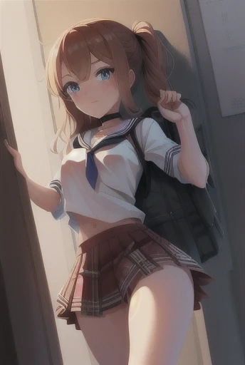 beautiful, (masterpiece), (best quality), perfect eyes, perfect face, perfect lighting, Character: Marin Kitagawa, backpack, BREAK, Clothing:  school uniform, plaid skirt, black choker, BREAK, Location: School hallway, lockers lining the walls, BREAK, Action: Rushing to class before the bell rings. 
