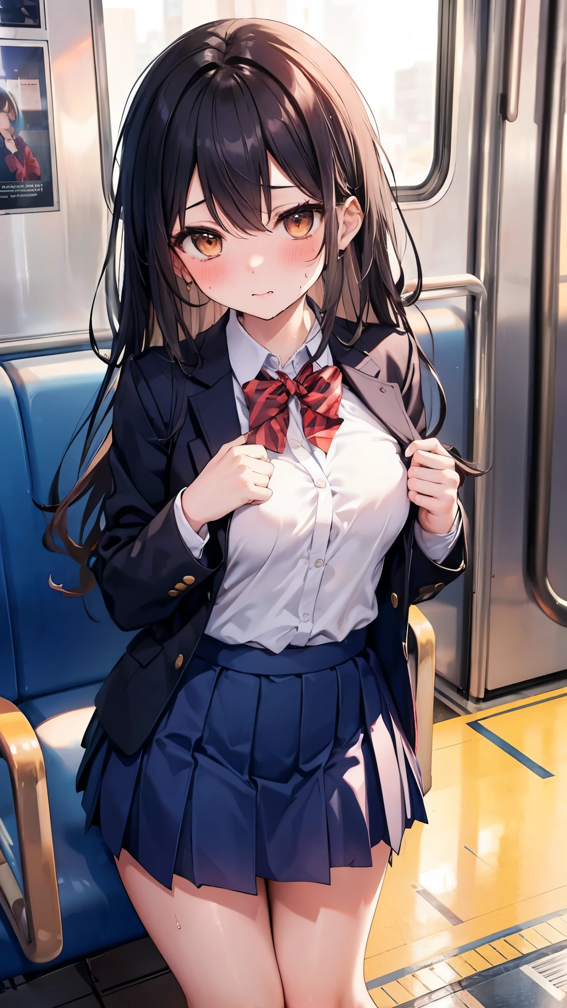 NSFW,4K,Gal:1.3,Anatomically correct,school uniform:1.3,A pure and innocent girl, Very cute face, Like an idol, (masterpiece:1.2), (high quality), panties, loose socks, Hip, Blue Skirt, alone, Blazer Type, loose socks, Lifting clothes, Brown eyes, pure gaze, mini skirt, Lift yourself up, Check skirt, blush,((Mid-chest)), (Sweating profusely), Long Hair, physical education, Beautiful legs, ((in the train))