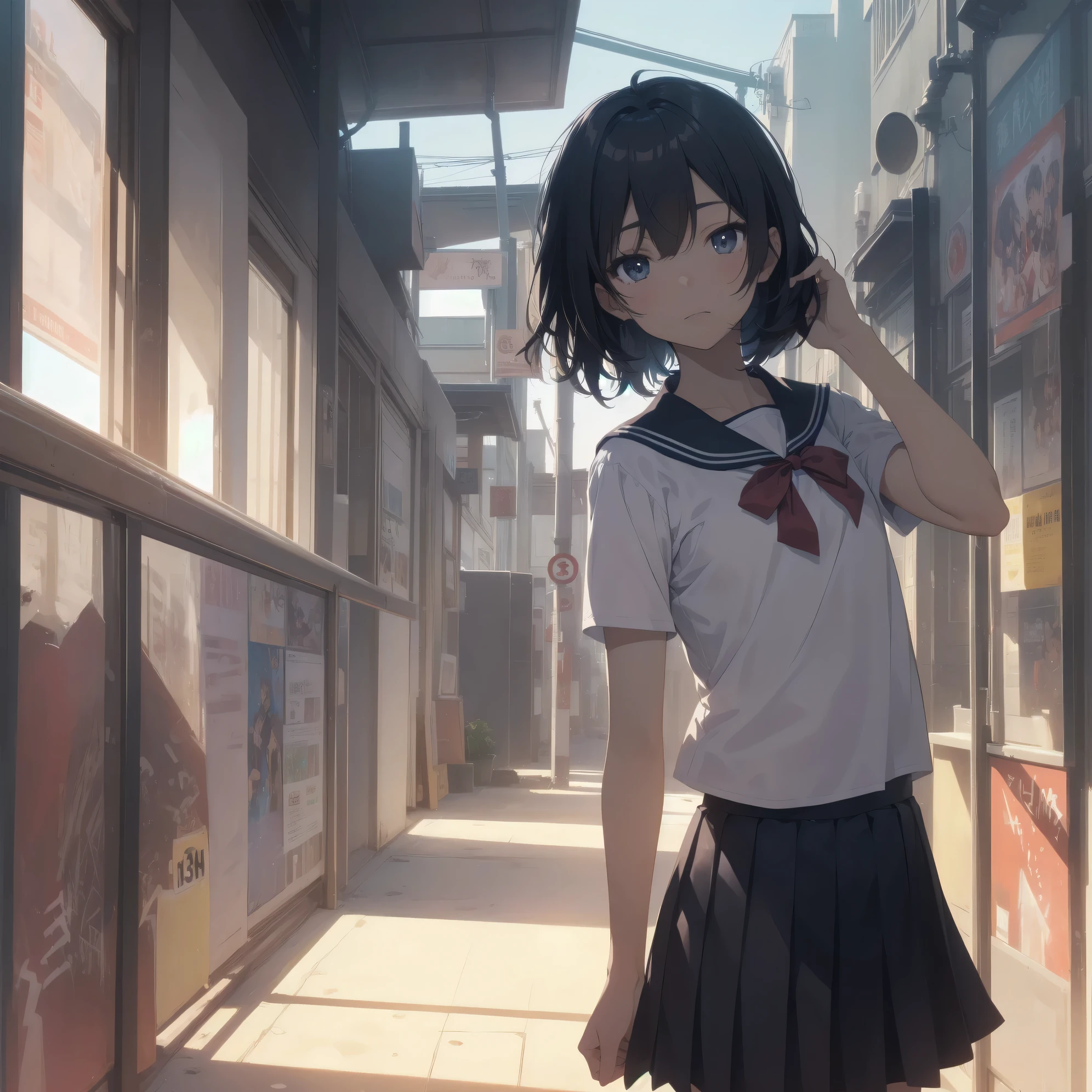 ultra-absurdres-Top quality by artist God, ultra-detailed, high resolution, anime moe artstyle, best anime 8k konachan wallpaper, pixiv contest winner, pool:2810, perfect anatomy,break, 1girl, (Please draw a girl walking sleepily to school alone. )break,(Solo,little female, 13-year-old:1.3),Full limbs, complete fingers,a junior high school student, (very short hair), short cut, flat chest, , small butt, small black eyes, beautiful detailed eyes, well-proportioned iris and pupils, expressive eyes, highres detailed hair, soft expression, salor school_uniform, sailor collar, serahuku, bow, pleated skirt,(Detailed Lighting), (Detailed background), in the School commute route. break,super detailed skin, Best cinematic lighting powered by famous artist, 8k,beauty illustration,photoshop_(medium),very aesthetic,break,((artist:tsukudani_(coke-buta) )), artist:clamp ,artist:carnelian ,artist:kantoku ,