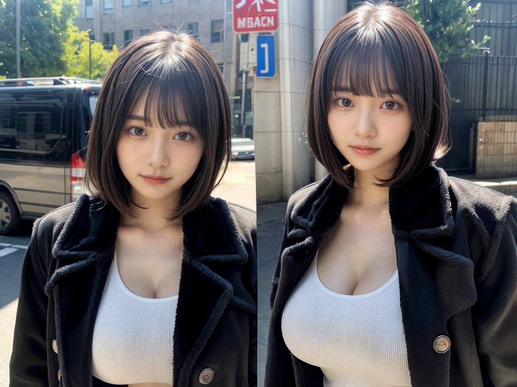 With bangs,Beautiful black hair,Woman with straight medium bob cut,huge breasts,,21-year-old female,(((No hat))),Aspacarina,((Shy expression)),huge breasts,,Very beautiful eyes, ,(((Wearing a tattered black coat))),,(make:1.4),Big eyes,Hip Hop Dancer,Gangster style long pants,8k,High resolution,Gangster style,(head shot:1.5)