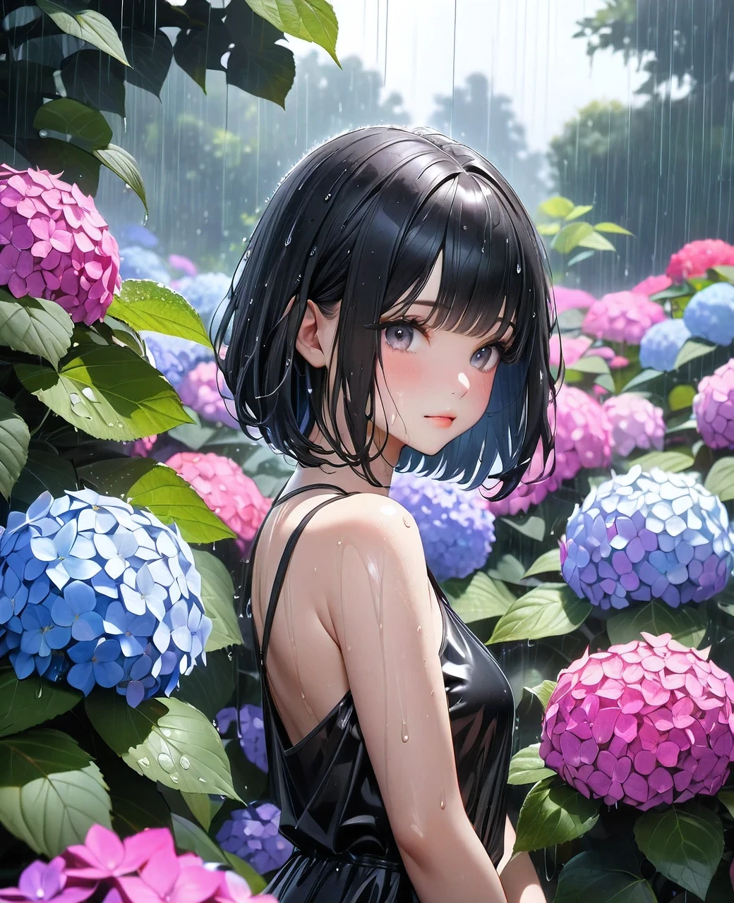 raw photo:1.2, masterpiece, highest quality, 16k, unbelievably absurd, very detailed, perfect beauty, beautiful cute girl, jet black bob cut, wet hair, ultra-realistic:1.8, vibrant colors, hydrangea in the garden, gently rain