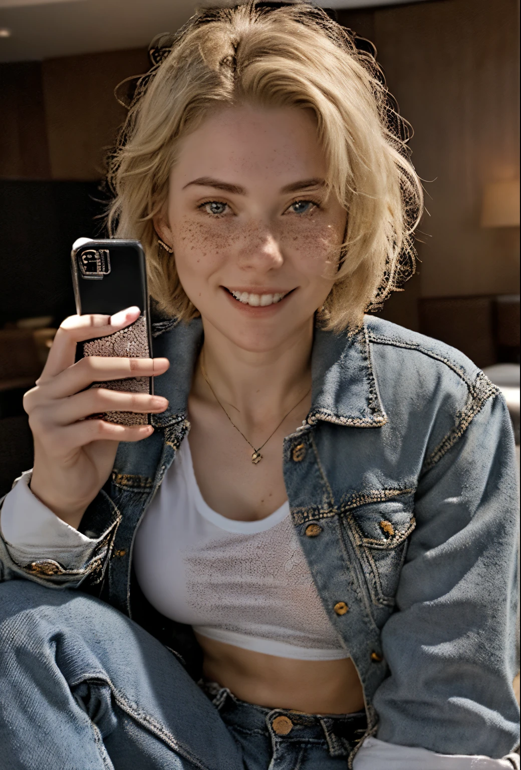 A 21-year-old girl named Kate with short blonde hair, very nice medium breasts, her height is 1.60, white British style, kate is beautiful, angelic face, has light freckles in the nose area, Kate is wearing light jeans with a denim jacket and a white t-shirt also light colored, Kate wears an All Star sneaker. Kate is in a hotel room where she arrived from a trip with her bags, Kate takes a selfie with her cell phone and is very happy to enjoy her vacation