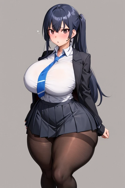 One Girl,{Knee-high socks}、(((Wide Hips)))、 (((Thick thighs)))、((Big Ass))、(Big Breasts) Embarrassed look,shortstack、whole body、Sexy pose。Blue tie、Black Shirt、Off the shoulder、Black jacket、Open jacket、Long sleeve、Black Skirt、Pleated skirt、Black Pantyhose
