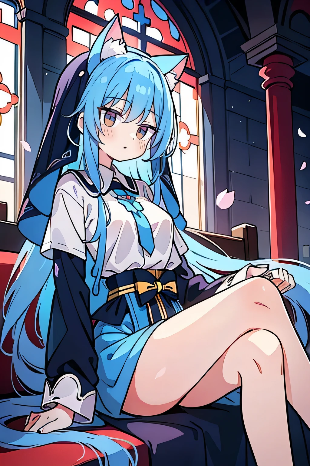 (masterpiece:1.2),Extremely detailed,Practical,expressive eyes,Fair skin,Perfect face shaping,1 Girl,
Japanese cartoons,Gorgeous blue hair, the long flowing blue hair,Floating clothes,Cat ears,Petals fall,beautiful lola,Young Angel,
Place your hands on your waist,sit elegantly on the ground,Cross your legs,Gentle and peaceful background,church,Nun&#39;s Clothes,back view,lie on the water. 