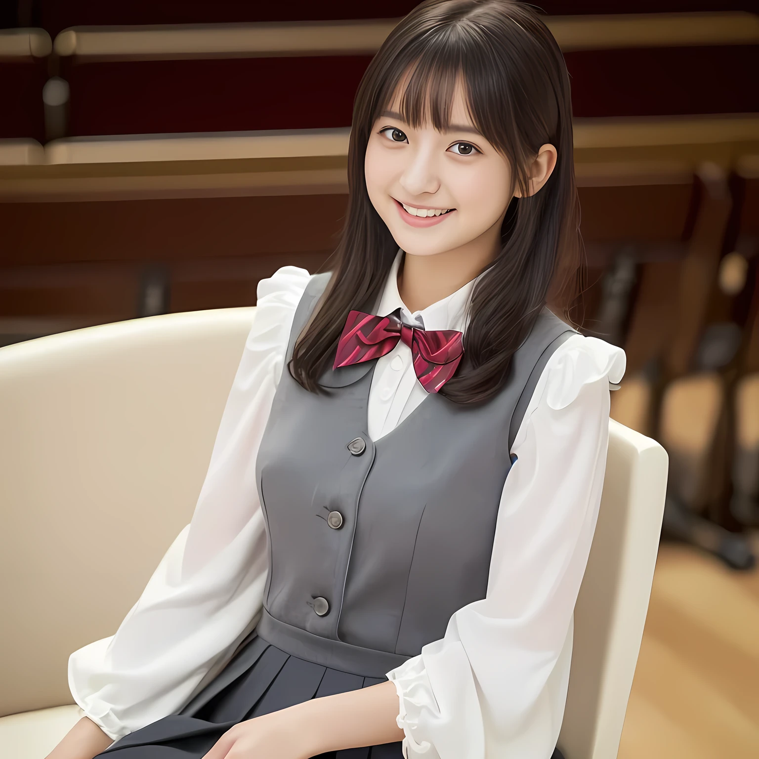 (highest quality, masterpiece:1.2), highest quality, Realistic, photograph, High resolution, 1080p, 8K, Physical Rendering, ((Height: 160cm)), ((((A 18 year old beautiful Japanese idol is seated and looking directly at the viewer)))), (((big very detailed Japanese beautiful dark brown eyes))), ((loving and laughing at me!)), detailed fingers, ((curled blunt bangs)), ((((Very noble and cute eyes, carefully drawn with great attention to detail)))), ((double eyelids)), (((long eyelashes))), ((cute lovely lovely laughing laughing cheeks)), (((Her facial features are very expressive noble smile, very sweet, very intelligent))), ((((deep red ribbon bow tie)))), ((((black very beautiful and super long straight hair)))), ((((gray box-pleated school skirt and grey vest)))), box-pleated skirt, ((((A ivory blouse with puffed sleeves)))), ((Classical orchestra concert hall)), ((complexion lightening)), ((Full body shot)), ((chorus singer)), white socks, ((feminine loafers))