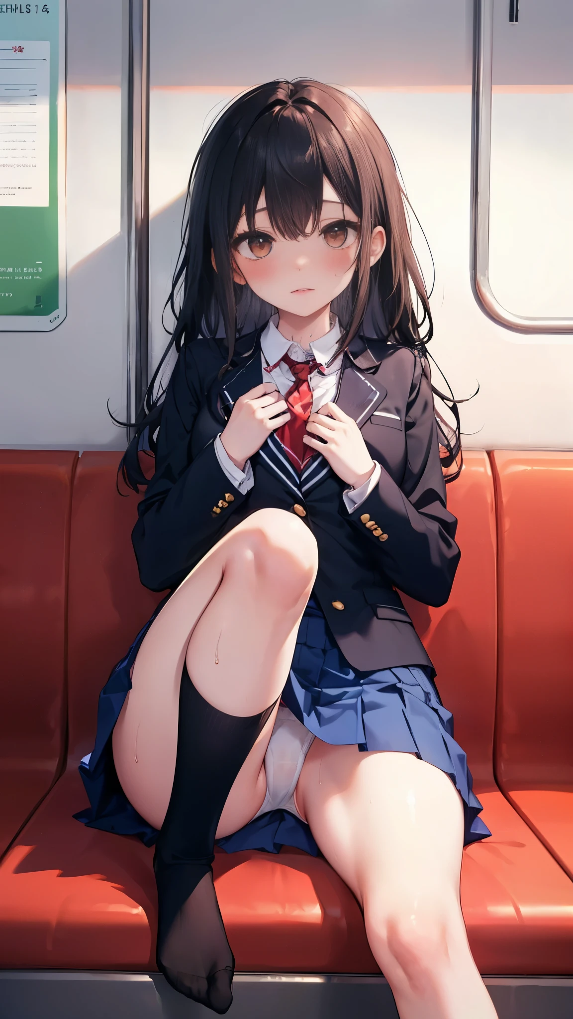 NSFW,4K,Gal:1.3,Anatomically correct,school uniform:1.3,A pure and innocent girl, Very cute face, Like an idol, (masterpiece:1.2), (high quality), panties, loose socks, Hip, Blue Skirt, alone, Blazer Type, loose socks, Lifting clothes, Brown eyes, pure gaze, mini skirt, Lift yourself up, Check skirt, blush,((Mid-chest)), (Sweating profusely), Long Hair, physical education, Beautiful legs, ((in the train))