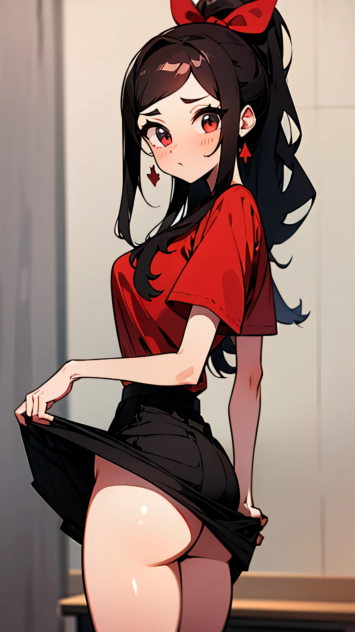 adulto, Cabello negro ondulado, mirada penetrante con ojos profundos de color rojo, estatura promedio, Silky hair with a ponytail hairstyle collected with a red bow with two white lines, tiene pechos medianos, primer plano, session, standing in the middle of his room [[[Risa malvada]]] , Sonrojada, muslos grandes, falda corta, blusa corta de tirantes, elfa, showing her ass to the camera, lifting her skirt so that her panties can be seen, skirt rising