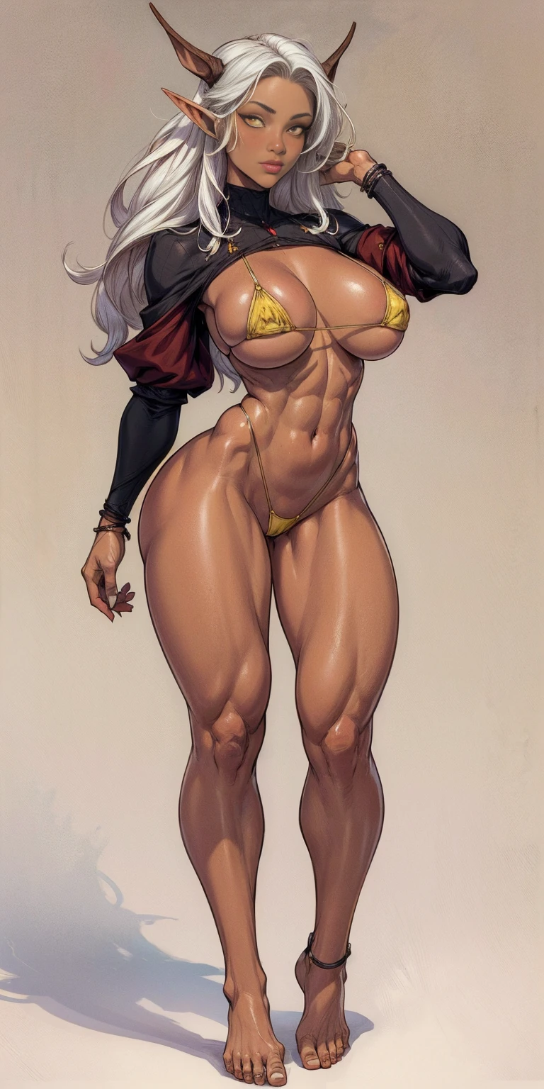 (Masterpiece, plain background:1.2) Female full body, standing straight symmetrical feet together, blood dark elf, dark skin, long messy white hair, short elf ears, circlet, yellow eyes, 1990s (style), female 1sologirl slingshot micro bikini, barefoot