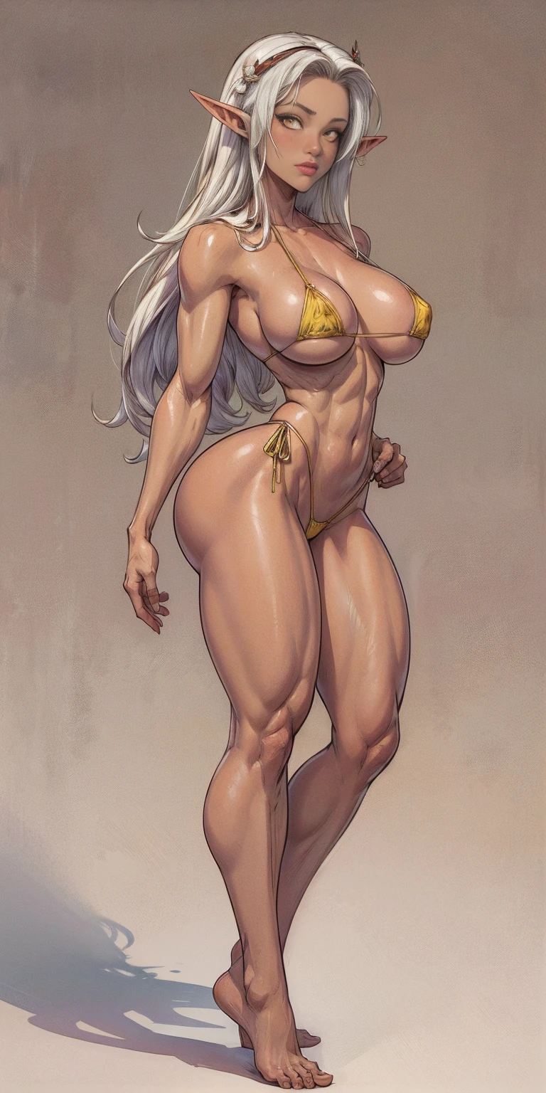 (Masterpiece, plain background:1.2) Female full body, standing straight symmetrical feet together, blood dark elf, dark skin, long messy white hair, short elf ears, circlet, yellow eyes, 1990s (style), female 1sologirl slingshot micro bikini, barefoot