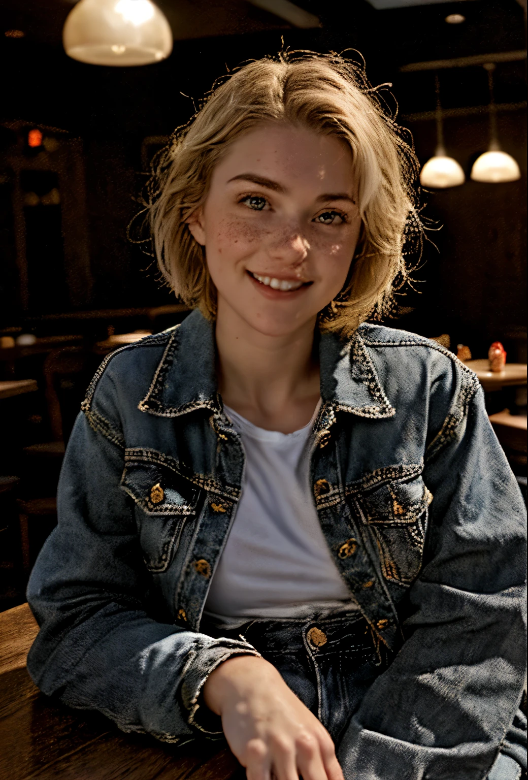 A 21-year-old girl named Kate with short blonde hair, very nice medium breasts, her height is 1.60, white British style, kate is beautiful, angelic face, has slight freckles in the nose area, Kate is wearing a light pair of jeans with a denim jacket and a white t-shirt also light in color, Kate wears an All Star sneaker. Kate is in a very beautiful and well-lit restaurant, on the table a strawberry milkshake, kate is happy to be at her favorite restaurant