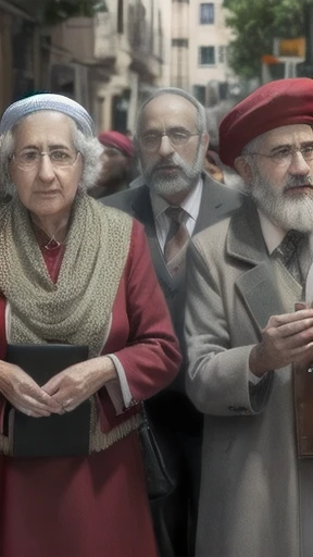 realistic photo of a group of jewish people gathered in a city, focus on the characters' faces.