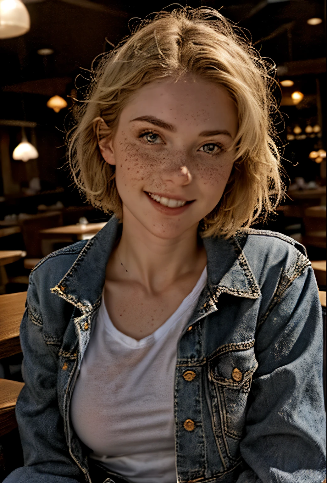 A 21-year-old girl named Kate with short blonde hair, very nice medium , her height is 1.60, white British style, kate is beautiful, angelic face, has slight freckles in the nose area, Kate is wearing a light pair of jeans with a denim jacket and a white t-shirt also light in color, Kate wears an All Star sneaker. Kate is in a very beautiful and well-lit restaurant, on the table a strawberry milkshake, kate is happy to be at her favorite restaurant