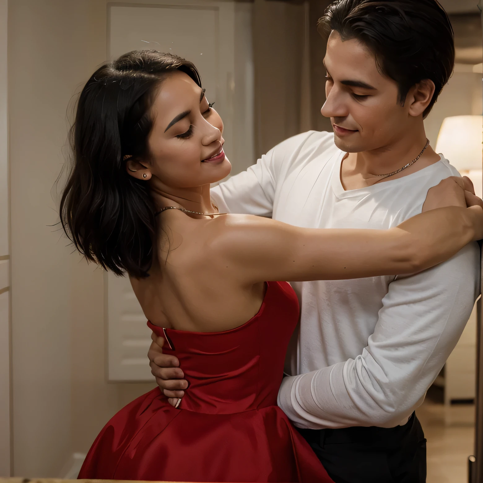 Mujer y hombre juntos bailando. She with white skin short black hair in a red dress eyes closed and a small smile holds a man's hand on her face. El sin saber que esta pasando, mantiene su mano en el rostro de ella. El usa un sombrero y traje. A el se lo ve detras y ella de frente
