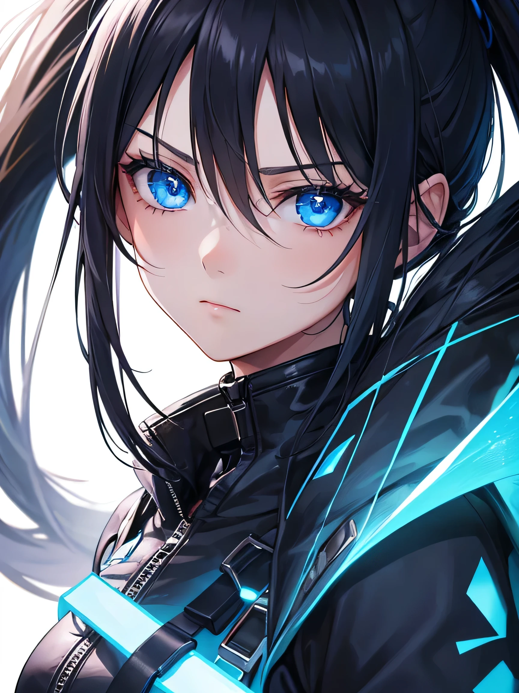 a close up person in jacket, a female character with long black hair with blue eyes with a serious expression on a black background under the beam of light, turned her head straight