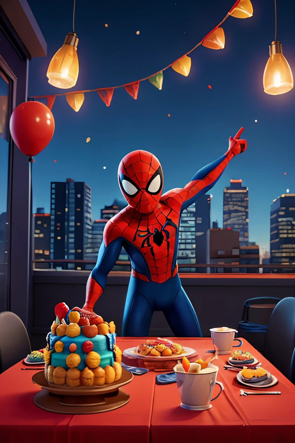 A vibrant and festive birthday scene inspired by Spider-Man's iconic colors. The background features a cityscape with a night sky, adorned with red, blue, and black balloons. The buildings are illuminated, casting a warm glow over the scene. There are colorful confetti streamers falling gracefully, creating a playful atmosphere. A "Happy Birthday" banner is hung across a balcony. Cupcakes, in Spider-Man-themed wrappers, are stacked on a table. The overall vibe of the scene combines the adventurous spirit of Spider-Man with the joyous celebration of a birthday.