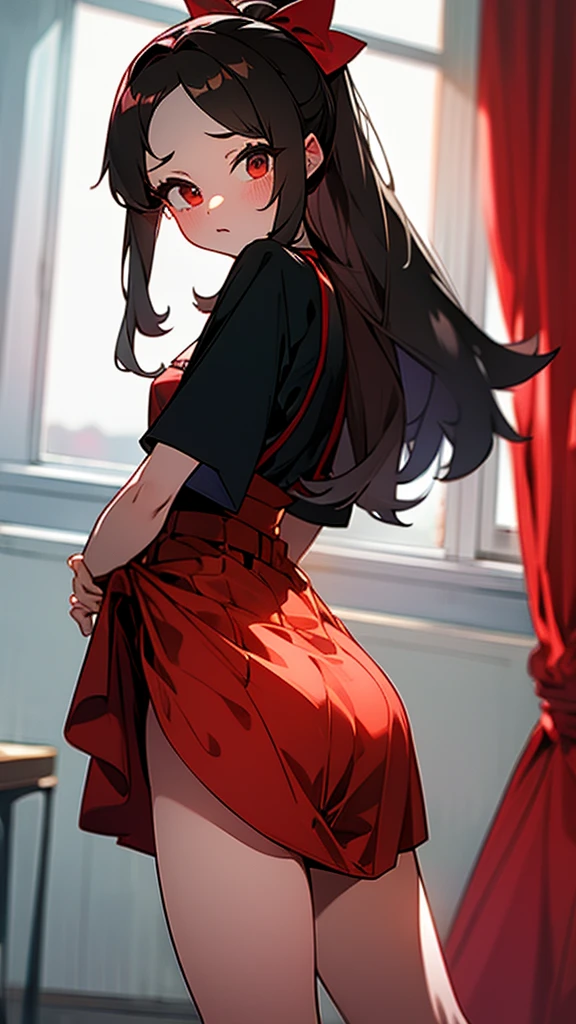 adulto, Cabello negro ondulado, mirada penetrante con ojos profundos de color rojo, estatura promedio, Silky hair with a ponytail hairstyle collected with a red bow with two white lines, tiene pechos medianos, primer plano, session, standing in the middle of his room [[[Risa malvada]]] , Sonrojada, muslos grandes, falda corta, blusa corta de tirantes, elfa, showing her ass to the camera, lifting her skirt so that her panties can be seen, skirt rising