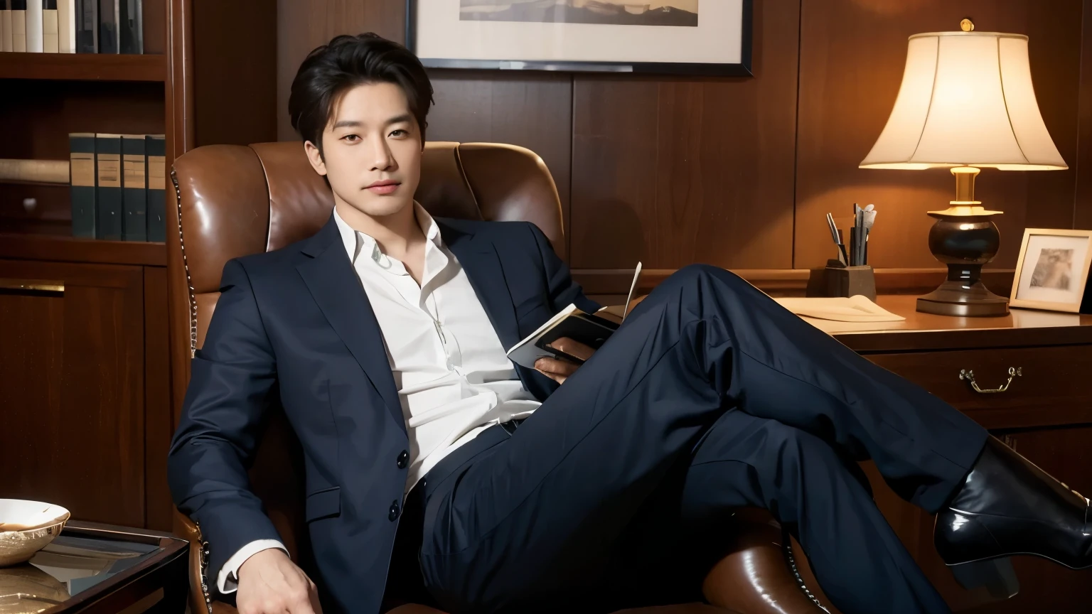 ((masterpiece)), ((best quality)), 8k, high detailed, ultra-detailed,
A top-tier international financier Han Ye lounging lazily in a boss chair with a smirk
(Han Ye), (crossed legs), handsome face, playful smirk, deep eyes, (boss chair), luxurious office, power symbols on the wall, rare antiques in the corner, scattered merger documents, (magic X-ray vision), confident demeanor, relaxed posture