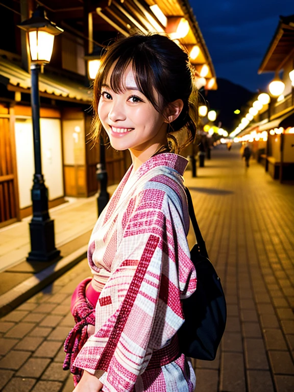 High resolution, highest quality,Hakata yukata、Yukata taken half、Smiling Girl、Embarrassing、Deserted park at night、